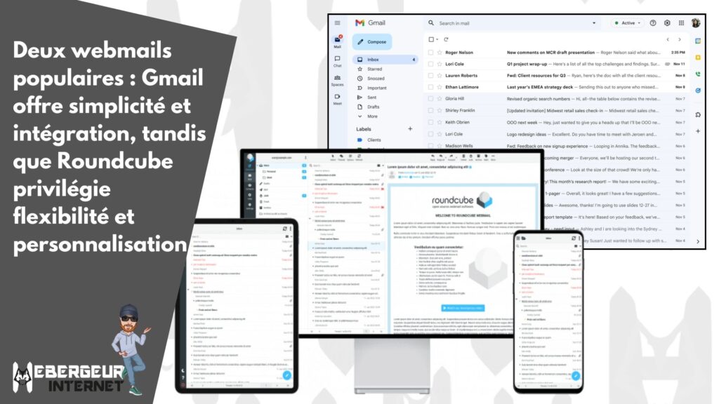 Deux webmails populaires : Gmail offre simplicité et intégration, tandis que Roundcube privilégie flexibilité et personnalisation.