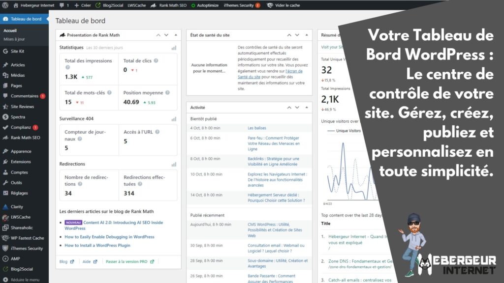 Votre Tableau de Bord WordPress : Le centre de contrôle de votre site. Gérez, créez, publiez et personnalisez en toute simplicité.